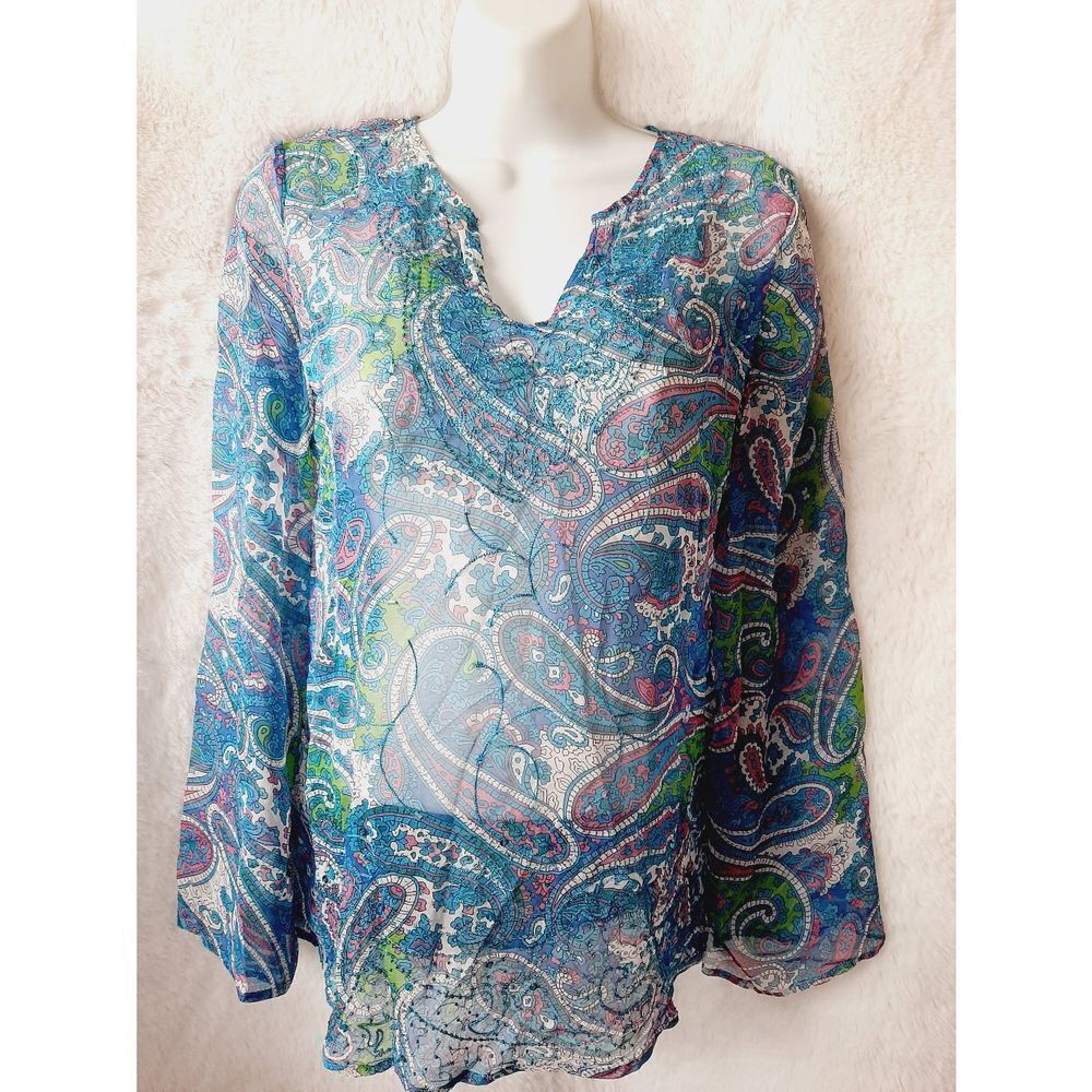 D studio 100% Silk sz small blue Paisley sheer Aristocrat Teacher Y2K Vtg blouse